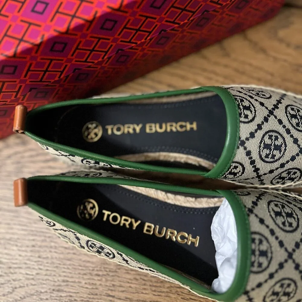 NEW!NWT! Tory Burch T Monogram Jacquard Espadrilles Women Navy Nappa Leather US6